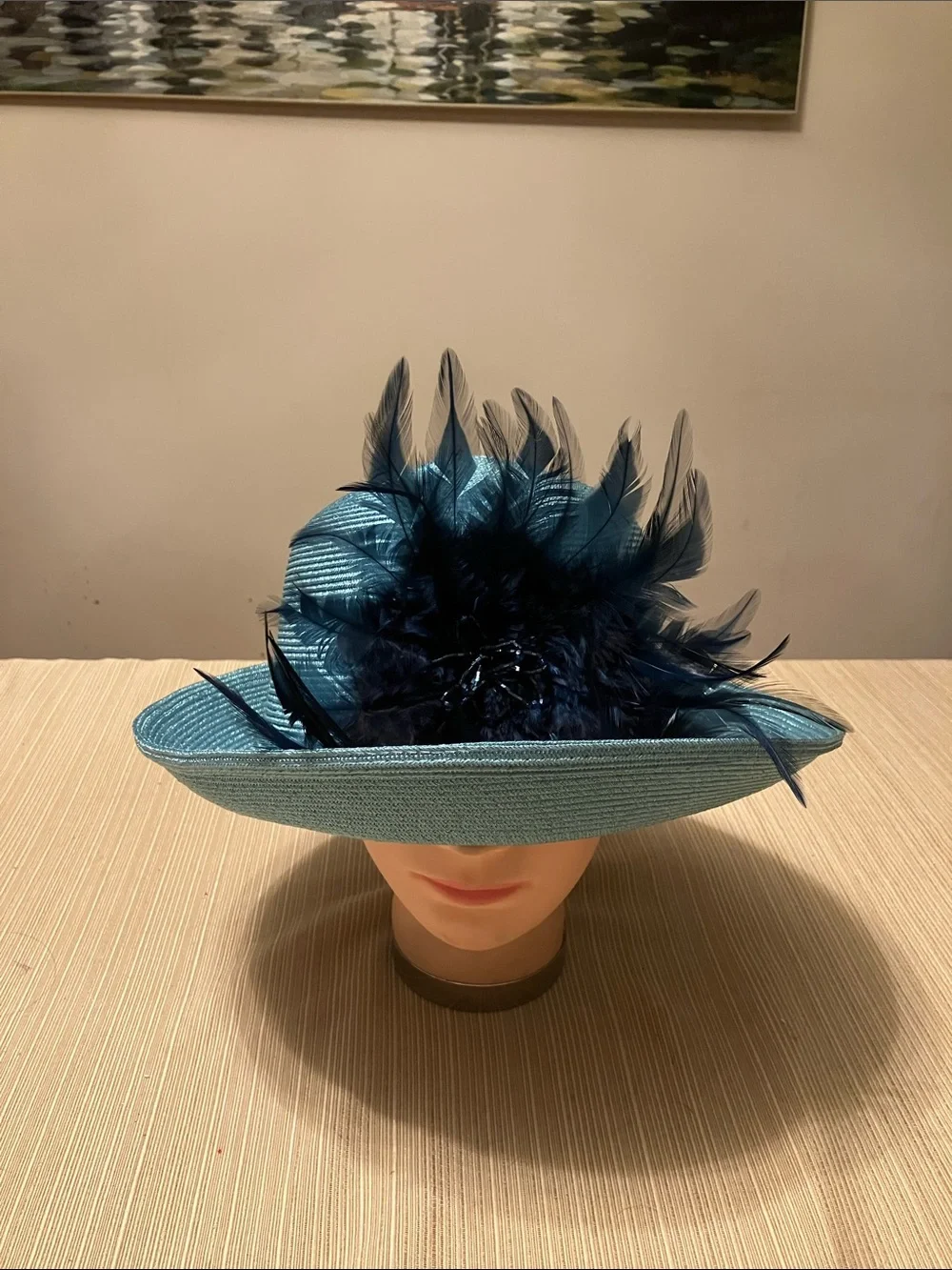 Elegant Metallic Teal Feathered Wide-Brim Women’s Hat